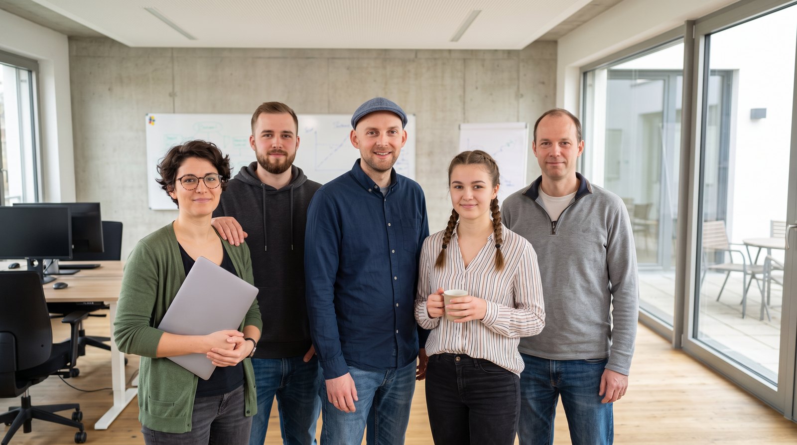 Fünf Personen in einem hellen Büro